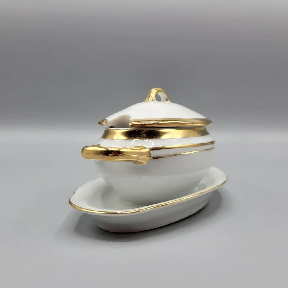 Vintage Condiment Dish Small Tureen Jam Pot with Lid and Plastic Spoon Japan
